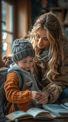 Obraz premium A mother helping her child pack a backpack for the first day of school. back to school concept.