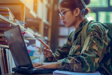 Military Man Using Laptop - obrazy, fototapety, plakaty