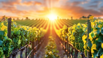 Naklejka premium The sun illuminates clouds, casting rays on a green grape field Vines and their rows dot the foreground