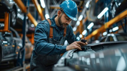 Automotive engineers are inspecting production and controlling automobile assembly standards. Emphasis is placed on product quality inspection within automobile assembly plants.
