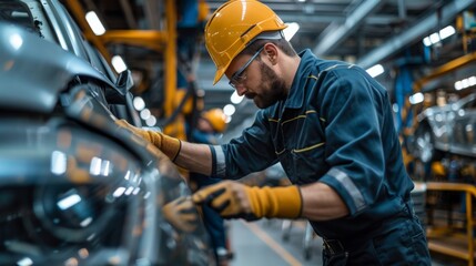 Automotive engineers are inspecting production and controlling automobile assembly standards. Emphasis is placed on product quality inspection within automobile assembly plants.