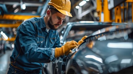 Automotive engineers are inspecting production and controlling automobile assembly standards. Emphasis is placed on product quality inspection within automobile assembly plants.