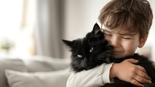 Affectionate Moment: Young Boy Hugging His Black Cat. Concept Pets, Love, Family, Connection, Emotions