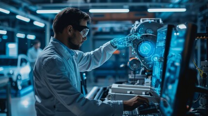 Automotive engineer inspecting car assembly line and control car assembly standards in automobile production and assembly plants