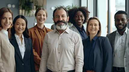 Diverse Team of Professionals Posing Together, Smiling Confident Business People. Casual Corporate Portrait. Inclusive Work Environment. AI