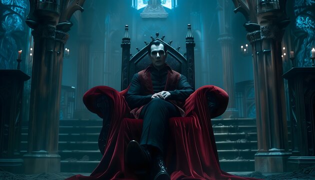 Dracula sitting on a red throne in a castle dark evil demon 