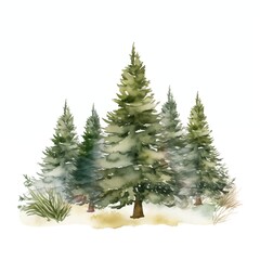 Christmas trees. Forest trees clipart. Watercolor illustration. Generative AI. Detailed illustration.
