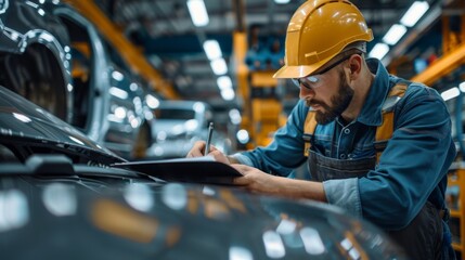 Automotive engineer inspecting car assembly line and control car assembly standards in automobile production and assembly plants