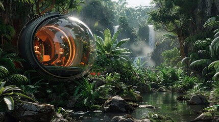 A Futuristic Time Machine Nestled Amidst the Lush Jungle s Ancient Surroundings Blending Technology and Nature in a Captivating Contrast