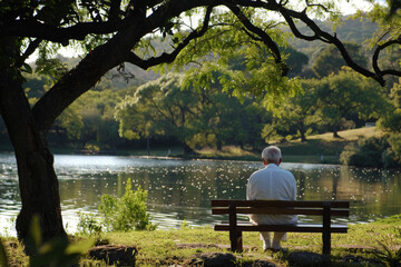 Retired Doctor Reflecting by the Lake in Peaceful Natural Setting