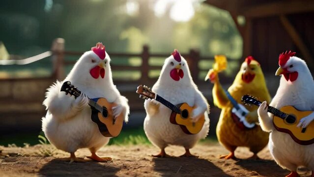 Group of chicken playing guitar and singing, chicken music guitar song in far on a sunny day generative AI