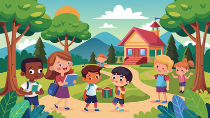 2d--school-and-kids-in-between-forest