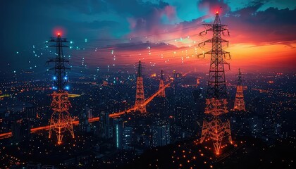 Fototapeta premium Night scene of illuminated transmission towers, glowing lines against a dark sky, vital energy flow