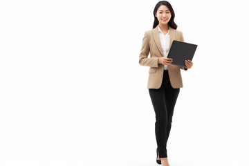 Portrait of a smiling Asian businesswoman holding laptop computer while walking isolated on white background, Full body length composition concept 