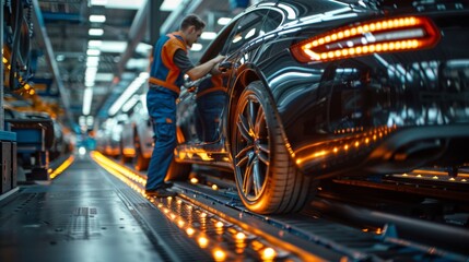 Fototapeta premium Automotive engineer inspects car assembly Inside the automobile manufacturing and assembly plant