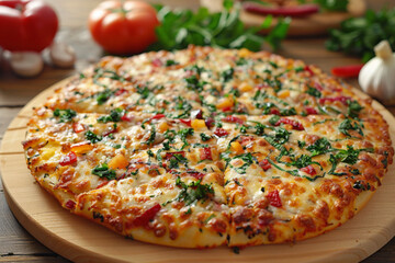 Pizza with tomatoes, cheese and herbs on wooden background. DIY Pizza