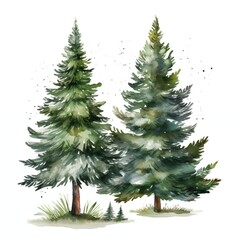 Obraz premium Christmas trees. Forest trees clipart. Watercolor illustration. Generative AI. Detailed illustration.