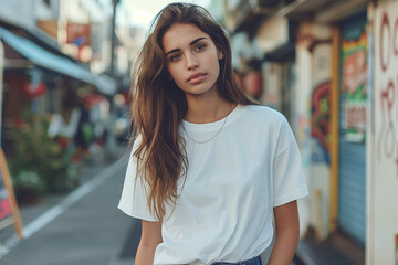 Urban street, Little Tokyo vibe female white oversize crewneck t-shirt mockup