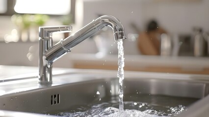 Metal faucet pouring water in kitchen sink. Concept Household Objects, Kitchen Appliances, Water Usage, Plumbing Fixtures, Interior Design