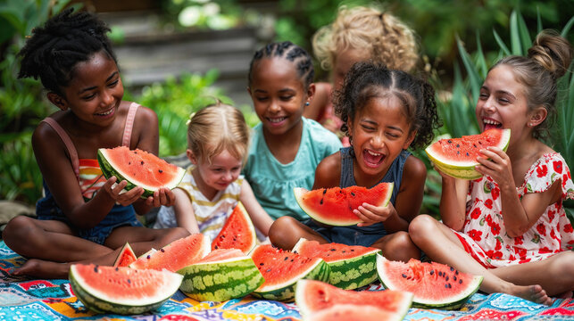 Diverse group of kids laugh and eat watermelon slices in a summer garden setting