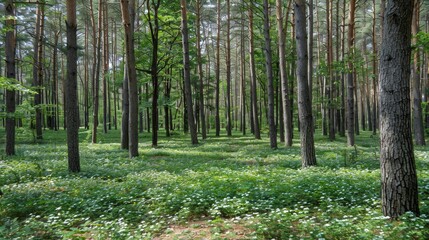   A forest teeming with tall trees and interspersed with clusters of white flowers amidst the lush green foliage