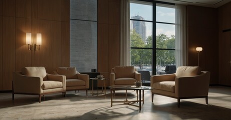 Detailed shot Armchairs arranged in row, coffee table, window, and mock-up wall in lobby.