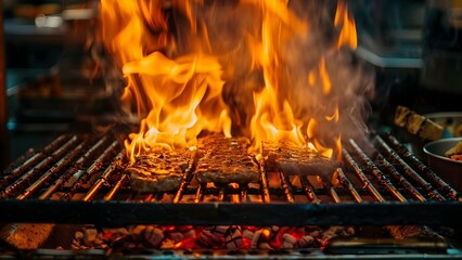 Capturing the Intense Flames of a Barbecue Grill Cooking Culinary Delights. Concept Food Photography, Culinary Experience, Grilling Inspiration, BBQ Grill, Intense Flames