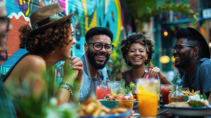 Friends enjoying food and drinks at outdoor cafe