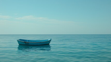 Naklejka premium A small blue boat floats atop tranquil water, adjacent to a vessel in the heart of the ocean