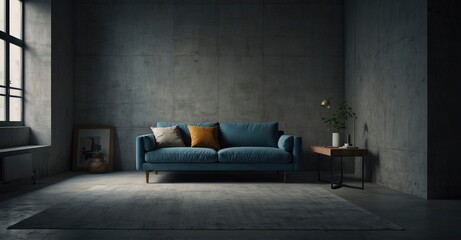 Detailed shot Minimalist studio apartment with blue sofa against concrete wall.