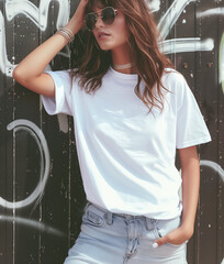 French street punk, club scene female oversized white t-shirt mockup with graffiti background, full body photo