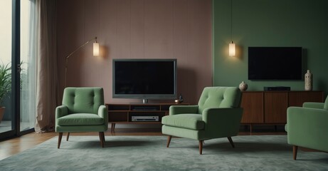 Detailed shot Pastel-toned TV lounge with focal green armchair and accessories.