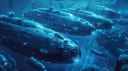 Futuristic Submarine Fleet at Underwater Base Ready for Covert Mission, Panoramic Banner