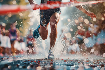 Athletic Victory as Runner Breaks Finish Line Tape in Dynamic Race Moment