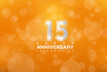 Fifteenth, 15th Anniversary celebration, 15 Anniversary celebration, Realistic 3d sign, Orange background, festive illustration, Silver number 5 sparkling Glitter, 15,16