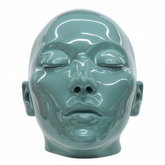 3d rendering of glossy turquoise porcelain human head with closed eyes, white background, front view