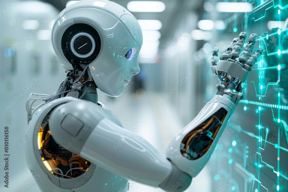 Poster a high-tech robotic arm with a digital interface screen being analyzed in a laboratory or tech envir