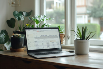 Fototapeta premium Serene Minimalist Home Workspace with Laptop Displaying Investment Platform