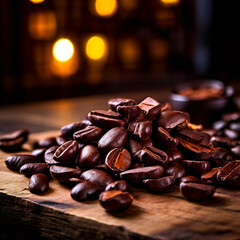 vibrant presentation of roasted coffee beans scattered next to pieces of high quality dark chocolate