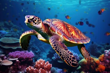 Obraz premium Colorful underwater sea turtle. Water reef. Generate Ai