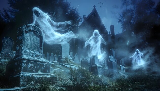 Halloween ghosts spirits haunting a cemetery scary ghouls