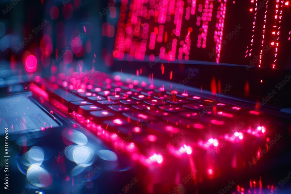 Poster red illuminated keys of a keyboard with soft focus and a digital screen with data in the background