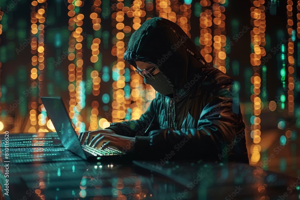 Poster an obscured figure in a hood uses a laptop in a cyber environment with dynamic lighting, denoting ha