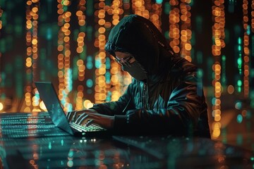 An obscured figure in a hood uses a laptop in a cyber environment with dynamic lighting, denoting hacking and online anonymity concepts