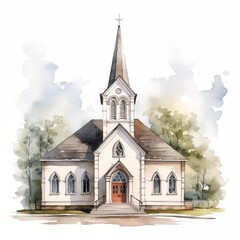 Church. Christian. Jesus church clipart. Watercolor illustration. Generative AI. Detailed illustration.