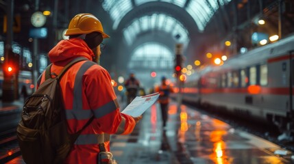 Obraz premium customs officers inspecting documentation for an international high-speed rail shipment, detailed focus on security protocols.