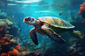 Obraz premium Turtle underwater background. Ecosystem beauty. Generate Ai