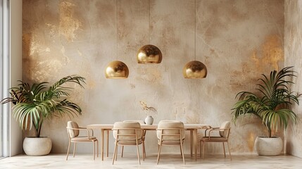 Contemporary Dining Room Featuring Golden Pendant Lights and Textured Walls.