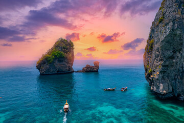 Aerial view of Nui beach in koh Phi Phi Don island, in Krabi, Thailand, sunset light