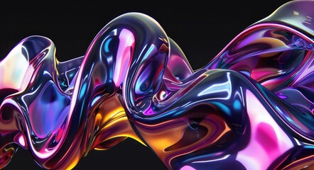 3D render of colorful abstract shapes with chrome texture isolated on black background, fluid and glossy forms creating an iridescent effect,